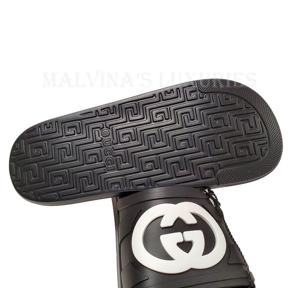 GUCCI SHOES MEN WHITE INTERLOCKING G LOGO BLACK RUBBER SLIDES sz 9 / 9.5 - Picture 13 of 15